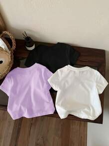 SHEIN Top de manga corta y cuello redondo de estilo minimalista casual para bebé niña, adecuada para el verano