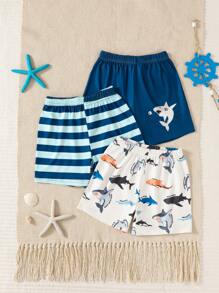 3pcs Set Young Boy Casual Daily Oceanic Creature & Striped Print, Suitable For Outdoor Beach, Play Or Comfortable Home Wear, Versatile Shorts - Multicolor - View 1