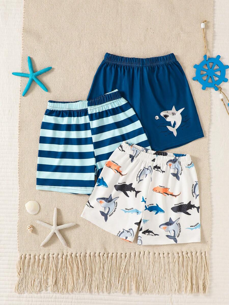 3pcs Set Young Boy Casual Daily Oceanic Creature & Striped Print, Suitable For Outdoor Beach, Play Or Comfortable Home Wear, Versatile Shorts - Multicolor - View 1