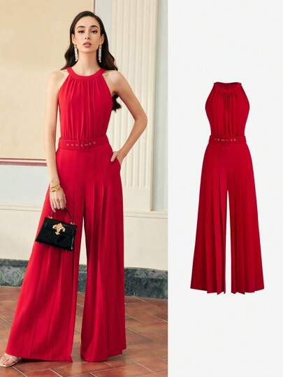 ZEYLAH WOMEN'S FOLD PLEATED HALTERNECK BELTED WIDE LEG JUMPSUIT FOR VALENTINE'S DAY OUTFIT,SPRING/SUMMER