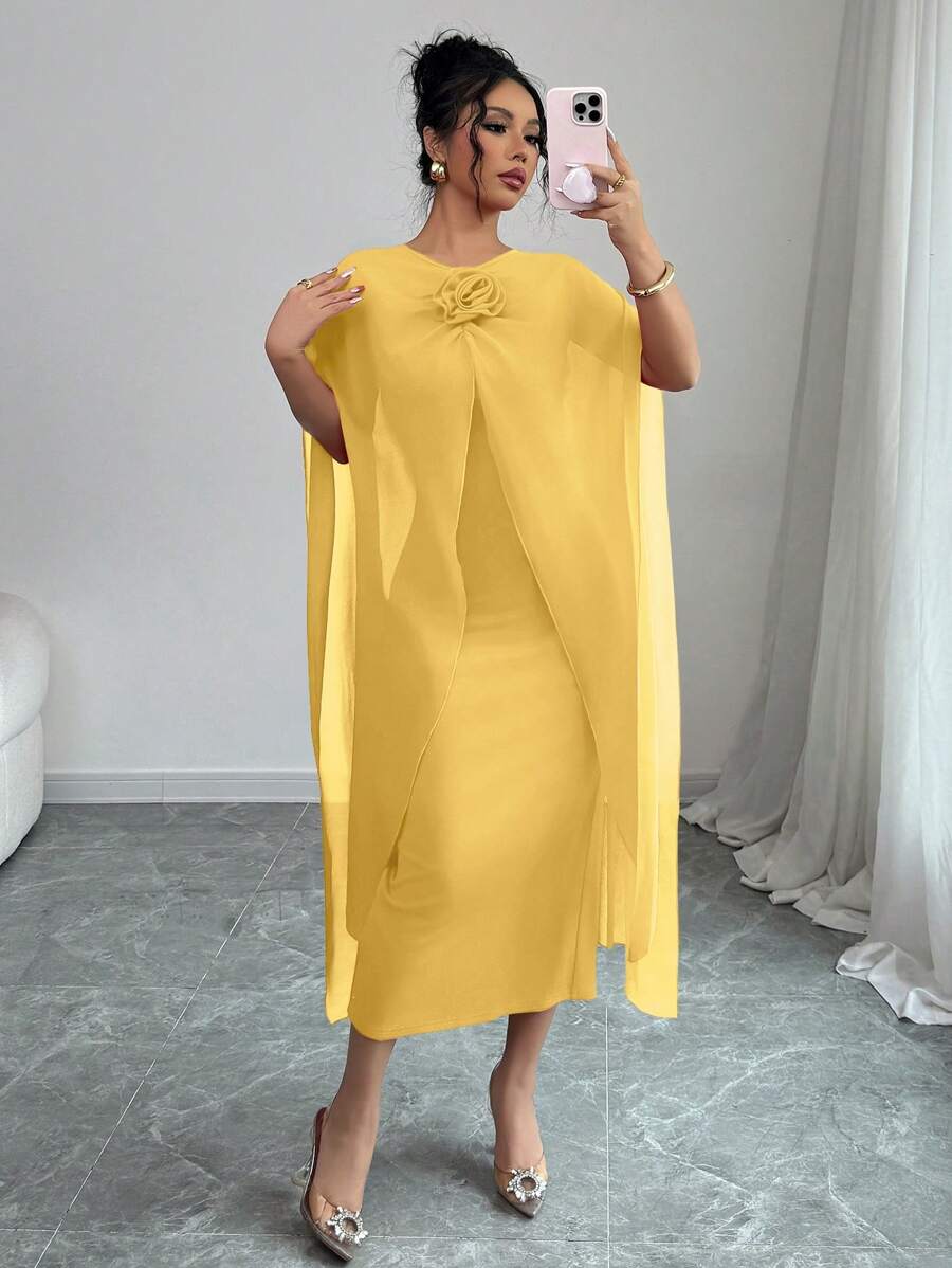 Elenzga 法式優雅黃色夏季婚禮賓客晚禮服,個性化派對披肩領垂墜透視流暢無肩帶針織彈性女款長裙 - 黃色 - 查看 1