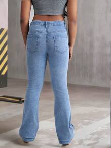 Girls' Star Embroidery Elastic Skinny Flare Jeans,Holiday,Summer,Travel - Medium Wash - View 2