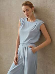 MOTF PREMIUM SOLID BUTTON SHOULDER FOLD PLEATED BLOUSE - Blue - View 7