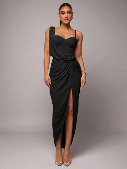 Silquee Romantic Valentine's Day & Date Apricot Linen Asymmetric Draping Neckline Bustier Detail High Slit Dress, Asymmetric Hem Cami Dress, Valentine's Day Dress, Party Dress, Romantic Date Dress, Bridesmaid Dress, Formal Gown, Workwear Dress, Sexy Holiday Dress