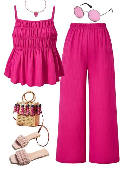 Sparklyn 2pcs Tween Girl Casual Sweet Crinkle Textured Puff Design Camisole Top And Loose Wide Leg Pants Pink Set, Suitable For Daily, Commuting, Holiday, Sisterhood Street Photography, Spring/Summer Girl Sets Outfit Outfits For Girls Summer Outfit Set