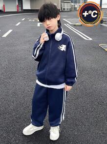 SHEIN 2 chiếc Áo thun trẻ em Tween thường ngày dành cho bé trai phong cách Hàn Quốc Áo cổ đứng có dây kéo và quần vừa vặn Bộ đồ thể thao dệt kim có còng có gân, lý tưởng để đi lại, đi học, hàng ngày, thường ngày, kỳ nghỉ, du lịch, thể thao và thích hợp cho mùa xuân, hạ, thu, đông Các mùa. - Màu xanh lam - Xem 3