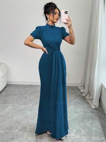 Elenzga Abito elegante e romantico da donna, con maniche lunghe, collo alla coreana, vita caratterizzata e decorato con perline