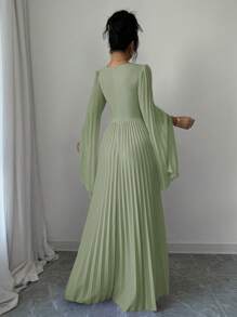 Elenzga V 领褶皱开袖优雅浪漫女式连衣裙长款女装 - 薄荷綠 - 查看 2