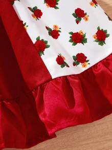 SHEIN Babygirl 花卉印花拼色度假连衣裙，夏季 - 紅色 - 查看 3