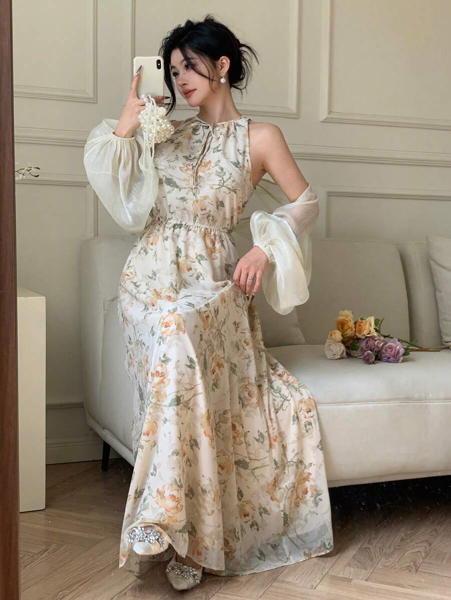 Modelyn 2 件套女士纯色网眼灯笼袖上衣和花卉印花连衣裙套装 - 彩色 - 查看 1