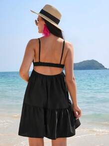 SHEIN Vestido Halterneck Sem Costas, Cor Sólida, Casual de Férias de Maternidade - Preto - Visão 2