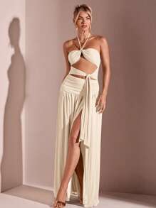 SHEIN BAE 女士沙滩裙，夏季纯色网眼透明度假风格褶饰前系带高开衩性感长裙 - 杏色 - 查看 4