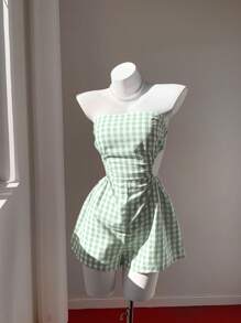 Comfortcana 女士夏季休闲格子露背吊带连体衣