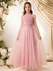Vestido de niña de las flores, corte A y longitud midi, con aplicaciones florales y tul de malla, adecuado para boda, fiesta de cumpleaños, ceremonia
