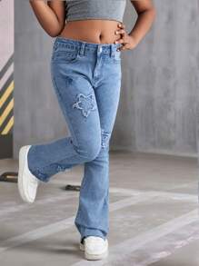 Girls' Star Embroidery Elastic Skinny Flare Jeans,Holiday,Summer,Travel - Medium Wash - View 3
