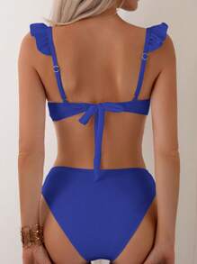 SHEIN Swim 女士纯色荷叶边性感比基尼两件套泳衣套装，夏季沙滩泳衣 - 藍色 - 查看 4