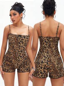 SHEIN ICON 女士豹纹蝴蝶结装饰牛仔连体衣