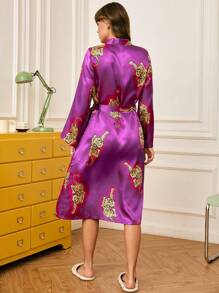 Leopard Print Poplin Women Robe Luxeloungewear, Fall - Purple - View 2