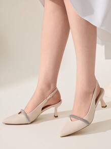 CUCCOO CHICEST 女士尖头水钻链镂空细高跟鞋，优雅中跟正装鞋，经典米色高跟鞋，适合工作、约会、聚会、正式场合