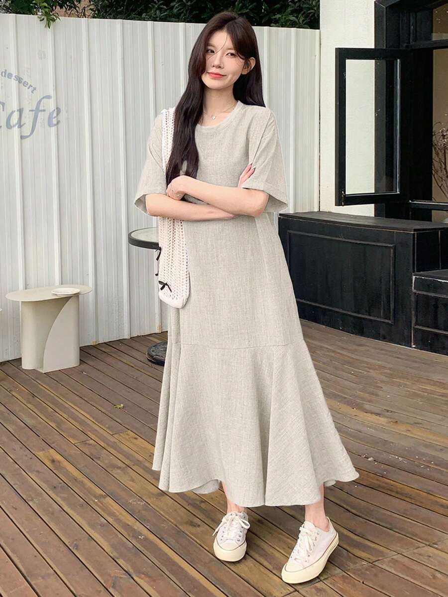 DAZY Váy đơn giản thanh lịch màu trơn dành cho nữ, phù hợp cho mùa xuân/hè, váy thường ngày cho phụ nữ - Màu be - Xem 1