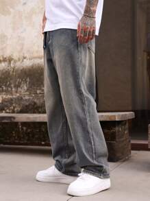 Manfinity Hypemode Loose Fit Men's Slant Pocket Wide Leg Jeans - Light Wash - View 8