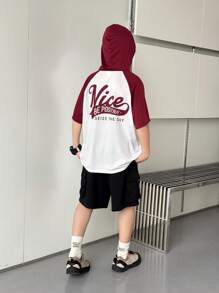 Camiseta de manga corta informal de manga raglán con estampado de letras para niños preadolescentes, de verano