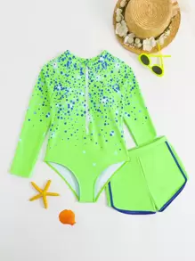 SHEIN 1pc Girls Big Tween Girl One-Piece Swimsuit With Shorts, Color Blocking Design, Pink And Blue Polka Dot Shiny Print, Sweet And Fashionable Minimalist Design, Summer Swimwear