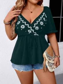 SHEIN LUNE Camicia con bottoni, colletto, vita elastica e stampa floreale, elegante e versatile, adatta per andare al lavoro e in vacanza, per taglie comode, per primavera/estate/autunno, colore nero e bianco