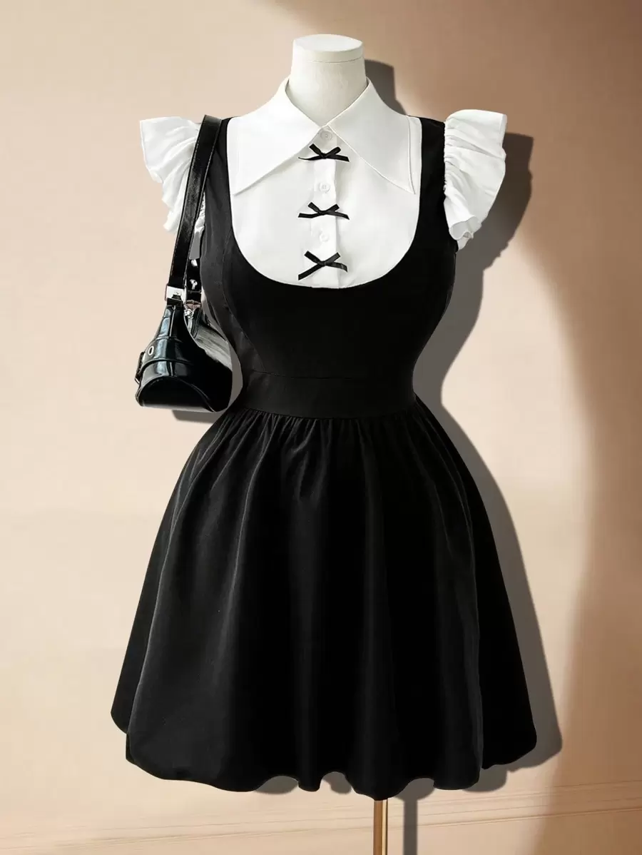 Flirla Plus Size Sweet Preppy Bowknot Decor Cap Sleeve Shirt & Dress 2-In-1 Set For Women - Black and White - View 1