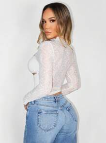 Zolique Women Contrast Lace Hollow Out Sexy Long Sleeve T-Shirt Fall Cloth For Women - White - View 2