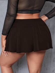 SHEIN SXY Plus Size Fashion Solid Color Slit Pleated Mini Skirt - Coffee Brown - View 2