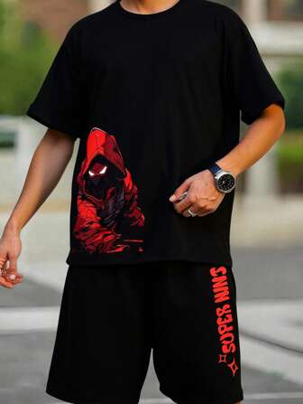 SHEIN 青春期男孩休閒時尚短袖t恤和短褲2件套裝