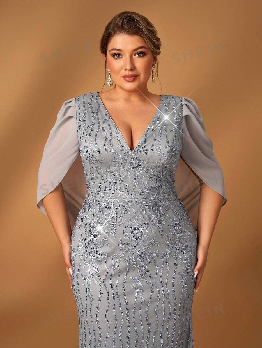 Serin Elegantes romantisches Maxikleid in Große Größen mit V-Ausschnitt, Luxus-Pailletten-Verzierung, Chiffon-Meerjungfrauen-Saum, Abendkleid für besondere Anlässe für Mütter