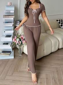 休闲撞色短袖上衣和裤子女士睡衣套装