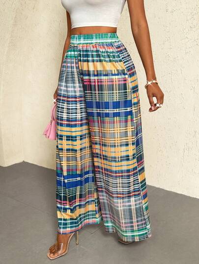 BamGleam Pantalones casuales de pierna ancha con estampado floral holgados de estilo hip-hop para mujer, estampado de cuadros