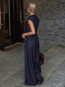 Livesso 女士夏季荷叶边无袖牛仔背心和牛仔裤两件套，休闲街头风，百搭牛仔套装 - 深色水洗藍 - 查看 7