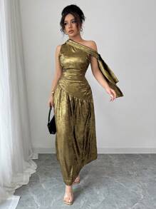 Elenzga Women's Elegant Off Shoulder Ruched Asymmetrical Hem A-Line Dress, Fashionable Gold Color,Sexy And Unique Design, Slim Fit, Sleeveless, Suitable For Party, Vacation, And Formal Occasions, Long Dress - Gold - View 6