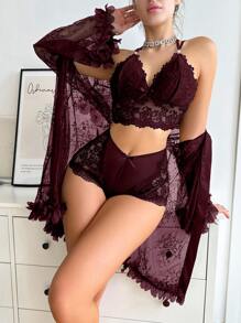 Slumberist Women Floral Lace Cami Top And Shorts Pajama Set With Long Sleeve Robe - Maroon - View 3