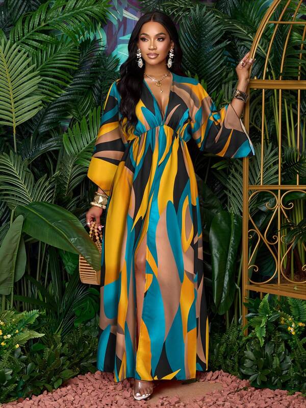 SOLERSUN Rochie de damă de sărbători cu imprimeu floral, cu decolteu în V, lungă, elegantă, cu mâneci cu volan, peplum, cu coapsă despicată, potrivită pentru vacanțe, întâlniri și ținute zilnice