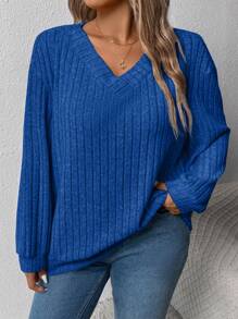 大码女士休闲大码 V 领宽松罗纹灰色运动衫，适合秋冬季