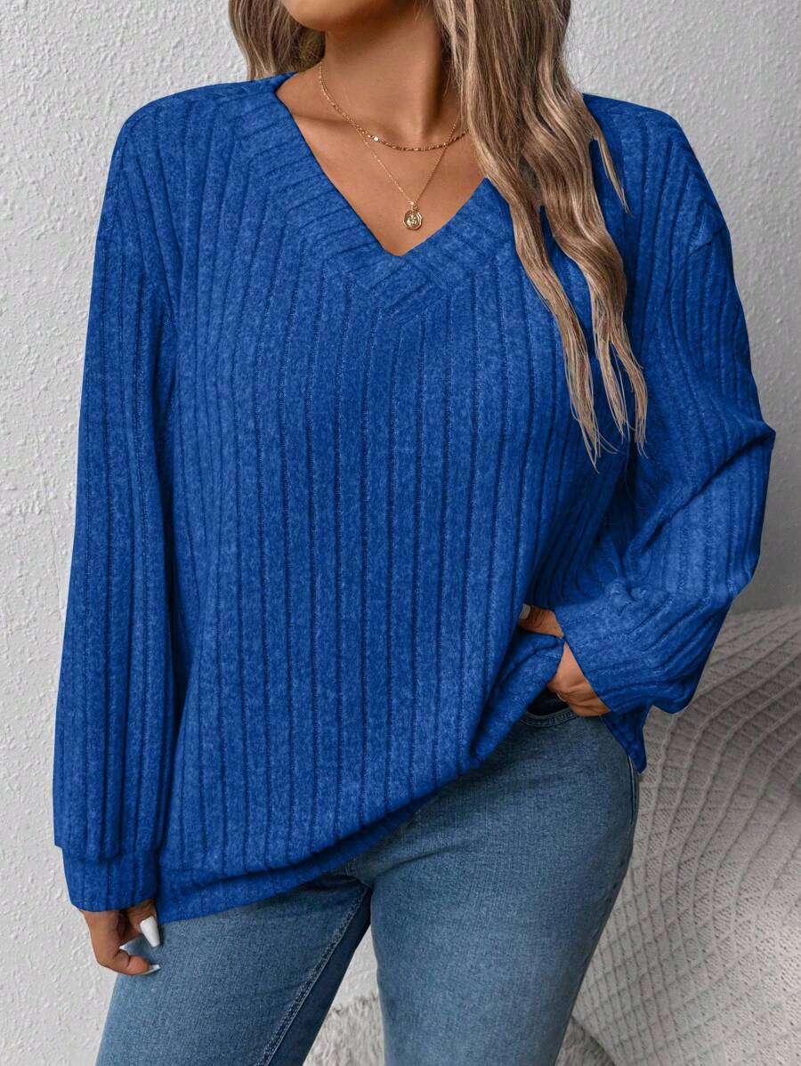 大码女士休闲大码 V 领宽松罗纹灰色运动衫，适合秋冬季