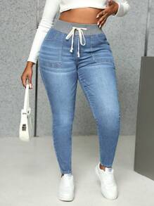 SHEIN SXY Plus Size Sexy Stretch Color Block Wide Waistband Blue Denim Jeans