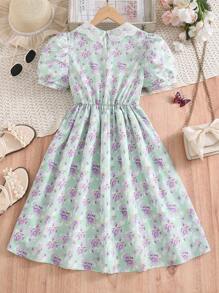 SHEIN 1 pièce Robe d'été à fleurs, col papillon à bordure en maille, manches bouffantes, pour vacances, printemps/été, pour filles