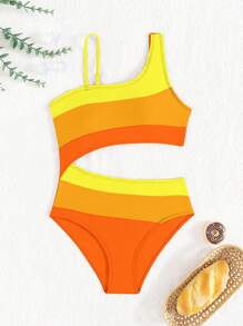 SHEIN 女童拼色不对称领口连体泳衣，腰部镂空设计 - 彩色 - 查看 4