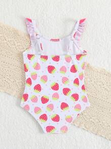 SHEIN Baby Girl Cute Strawberry Print Ruffle Trim Romper Swimsuit, Beach Resort - Multicolor - View 2