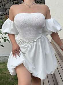 Flirla Women's Casual Vacation Street Tube Puff Sleeve Fitted Peplum Hem Floral Dress - White - View 3