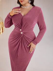 Modelyn Plus Size Women Twist Knot Waist Long Sleeve Bodycon Elegant Dress