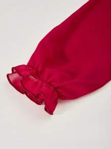 SHEIN Explorewe Tween Girls 优雅中式领花卉 A 字形网眼透明长袖连衣裙，适合日常通勤、度假、晚宴、家庭聚会、春夏季 - 紅色 - 查看 6