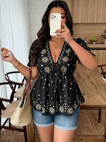 Breezaya Blusa ajustada de manga corta con cuello en V profundo y estampado floral para mujer de talla grande