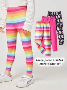 3pcs Girls Unicorn & Rainbow Digital Print Leggings, Fashionable & Lovely For Toddlers Everyday Wear - Multicolor - View 3